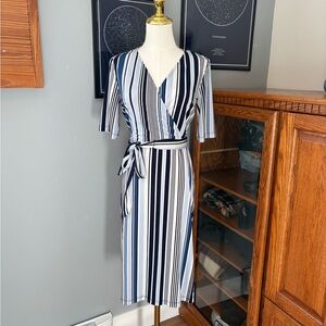 ✨3/$20✨ Striped Faux Wrap Midi Dress with Tie Belt